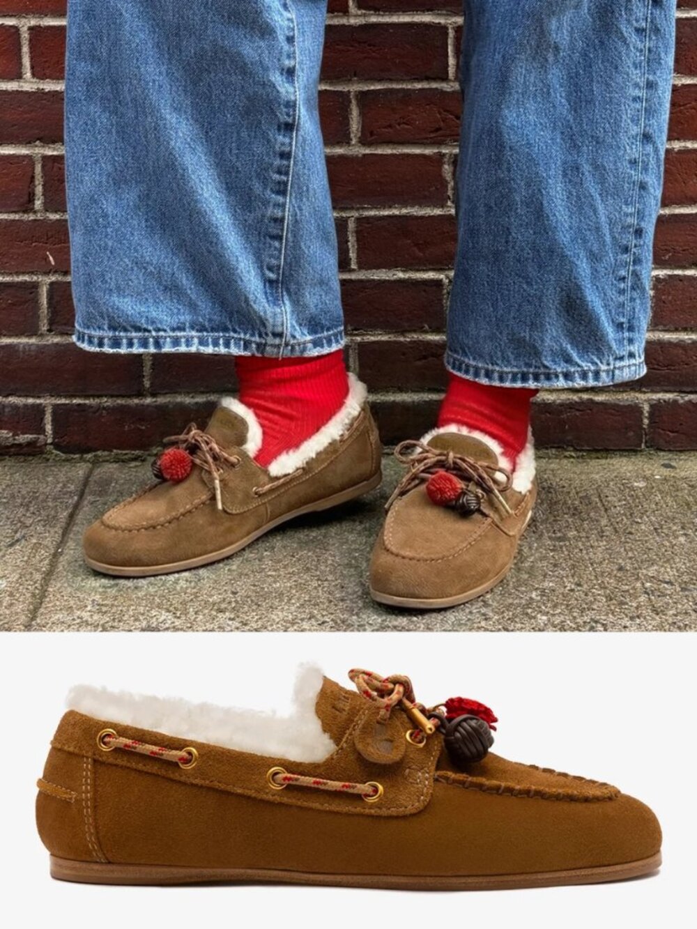 Larroude Cyprus Boat Shoe In Russet Suede and Natural Shearling
